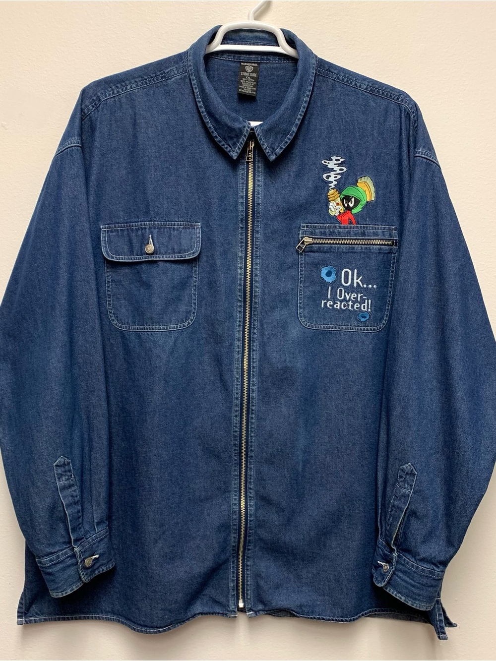 Vintage 1990s Warner Bros Studios Marvin The Martian Denim Zip Up Shirt Size XXL